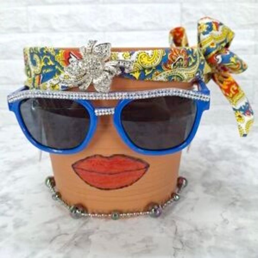 HAND CRAFTED Pot Head Blue Paisley Floral Scarf Planter Upcycled Fashionista